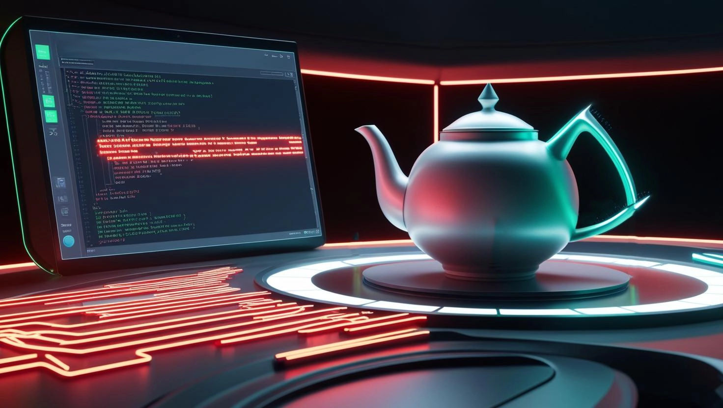 red and white light virtual scene with 3ds max teapot and a display with scripting code 3d render planetacg